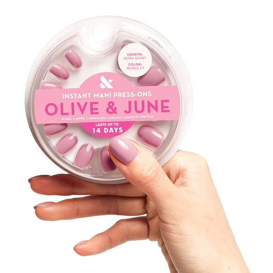 Olive & June Instant Mani Press On Nails (Glue) | Mauve | Extra Short, Round | 42 Fake Nails, 21 Sizes | Non-Toxic, Long-Lasting | Recycled Materials | Realistic Look | World Lit