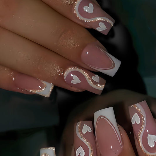 Square Press on Nails Medium - White French Tip Fake Nails with Heart Design - Glitter, Stripes Full Cover Stick on False Nails - fow Women 24 Pcs