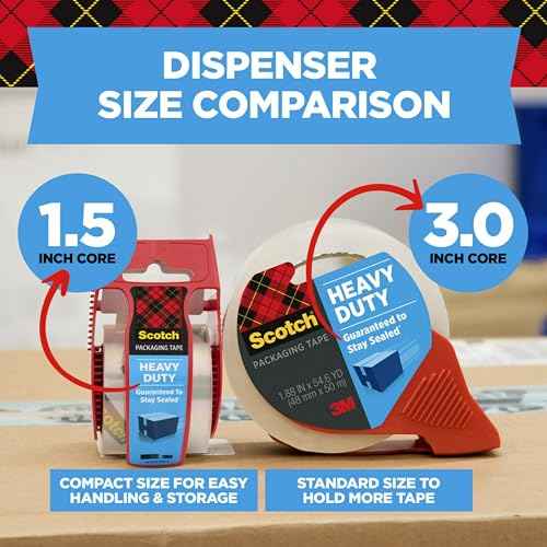 Scotch Heavy Duty Shipping Packing Tape, Clear, Holiday Shipping Supplies, 1.88 in. x 22.2 yd., 6 Tape Rolls with 1 Dispenser
