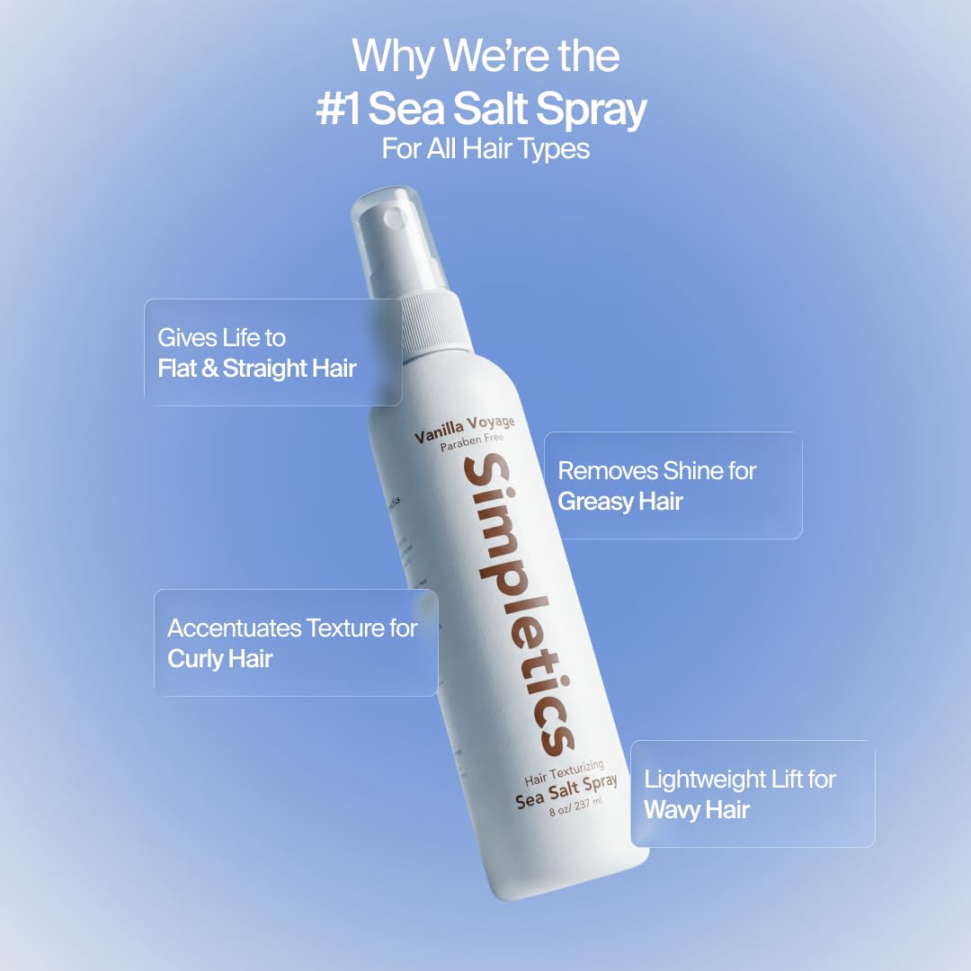 Simpletics Himalayan Sea Salt Hair Spray (Vanilla Scent) – Natural 5-Ingredient Formula for Beach Waves & Volume – Light Hold, Non-Greasy, Paraben & Sulfate Free – Unisex 8 fl oz