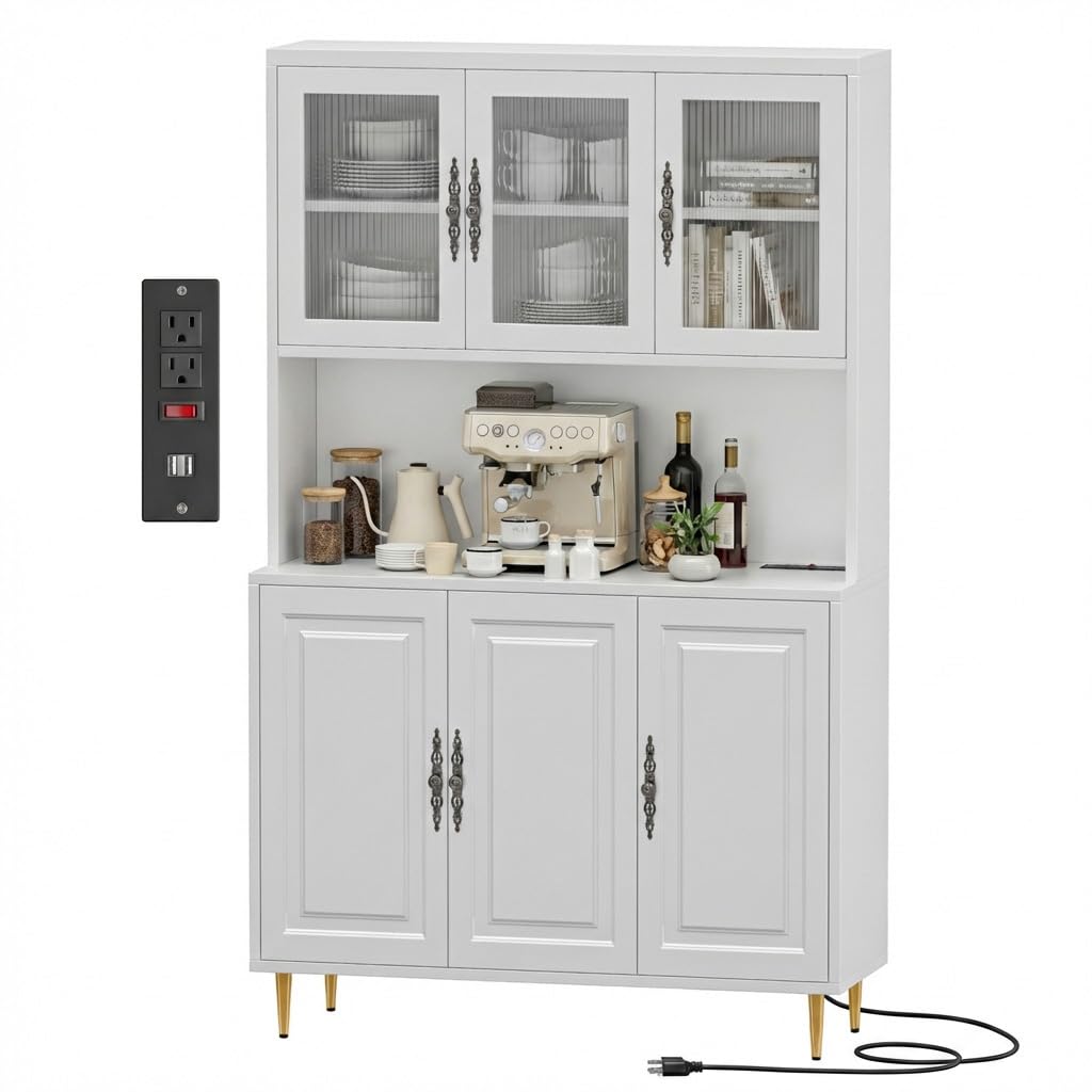AUN Pantry Cabinet with Charging Station - 68" Multi-Scene Storage Cabinet for Kitchen, Coffee Bar, Dining Room | Adjustable Shelves & Soft-Close Doors,White