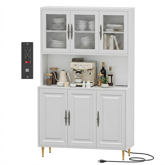 AUN Pantry Cabinet with Charging Station - 68" Multi-Scene Storage Cabinet for Kitchen, Coffee Bar, Dining Room | Adjustable Shelves & Soft-Close Doors,White