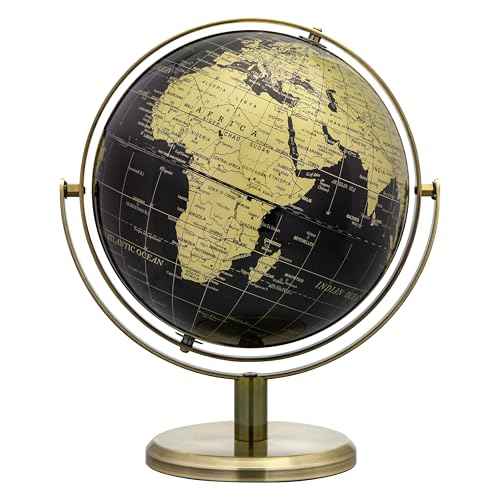 EXERZ 20cm Globe Black & Golden, All Direction 360 Rotating - World Globe Educational Geographic - Bronze Arc and Base. English Map.