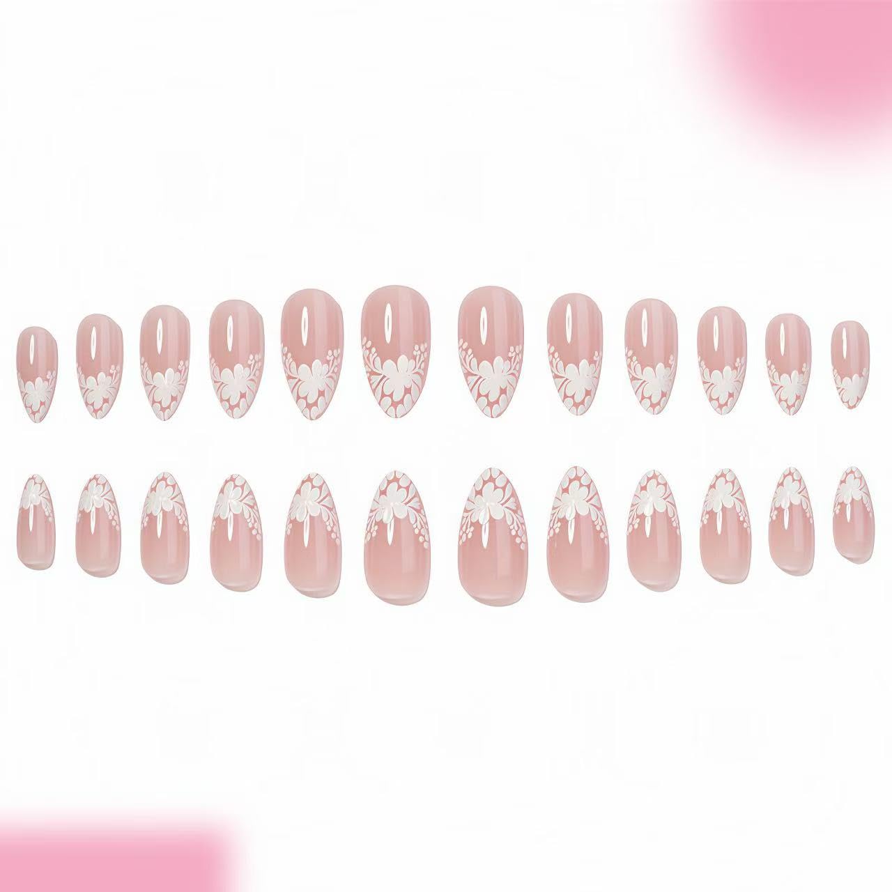 3D Floral French Press on Nails Medium Almond Fake Nails White Lace Floral French False Nails with 3D Daisy Flower Design Glossy Spring Stick on Nails for Women Girls Manicure Decoration 24 pcs