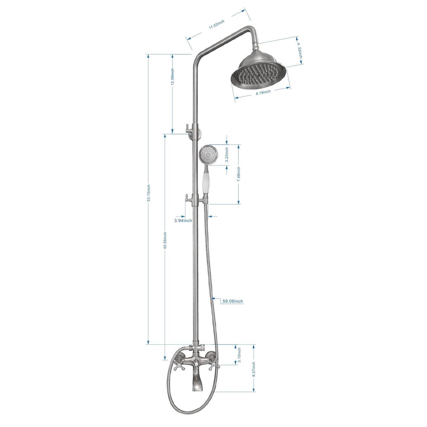 BWE Brushed Nickel Shower Faucet Set 8-Inch Rain Shower Head Handheld Sprayer and Rotatable Tub Spout Triple Function Wall Mount Shower Fixture Combo System Stainless Steel