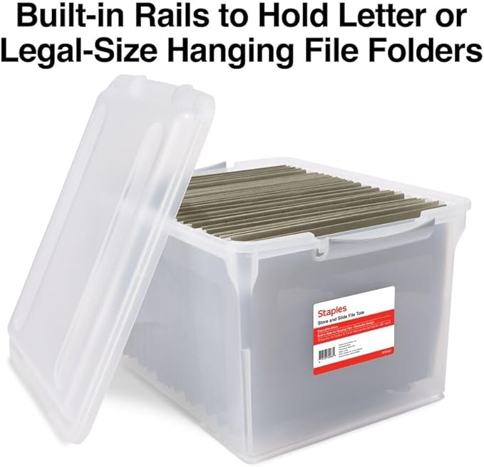 STAPLES Store & Slide Plastic File Box Latching, Letter/Legal Size, Clear, 2/Pack