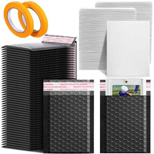 302 Pcs Trading Card Shipping Protector Set Include 200 Precut Plastic Inserts Card Mailers 100 Poly Bubble Mailers Padded Envelopes and 2 Masking Tape(Black,5.1 x 5.9 Inch)