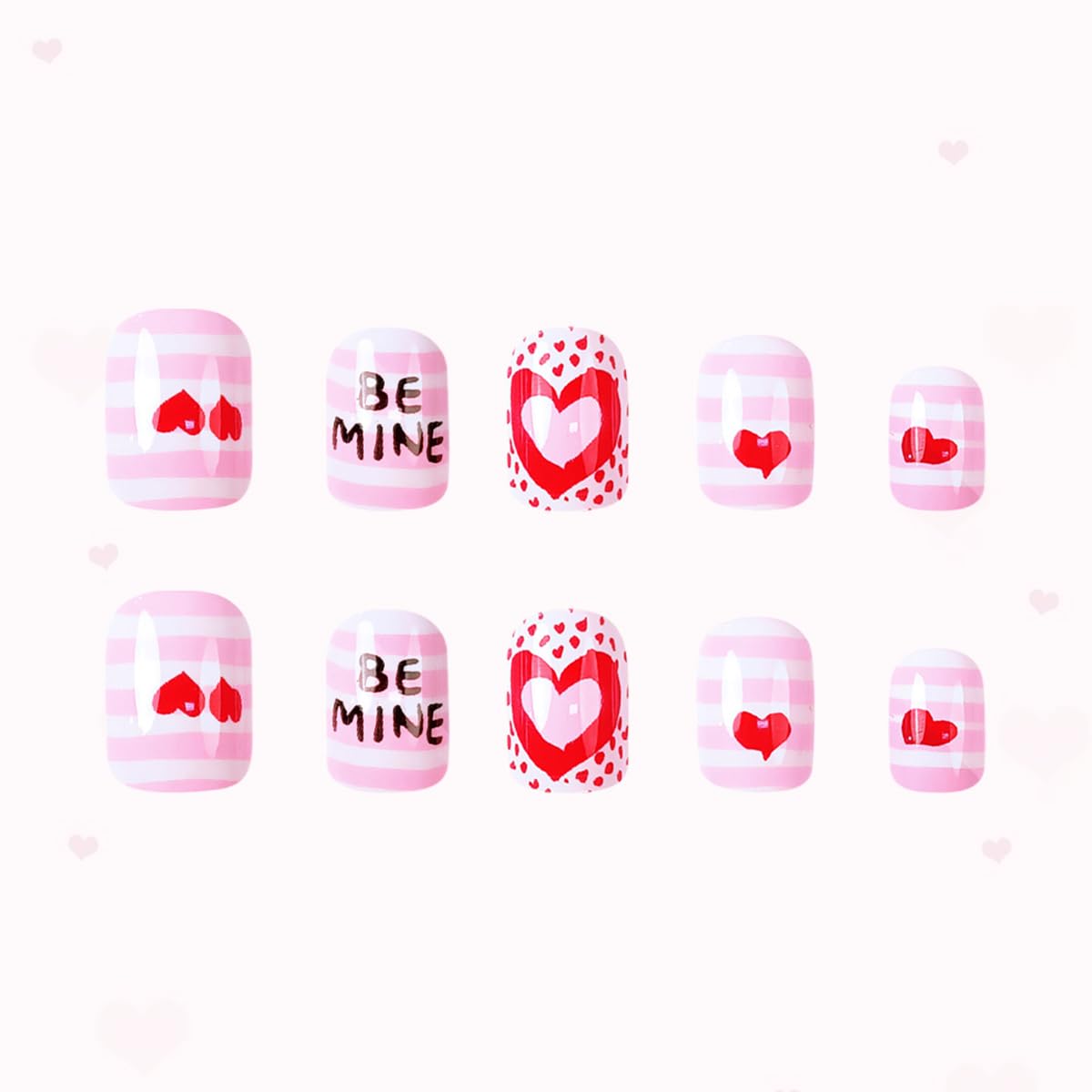 24Pcs Valentine's Day Press on Nails Short Square Glossy Fake Nails with Glue Full Cover Red Heart Pink White Stripe False Nails for Women Manicure Valentines Nail Decor Accessories Supplies