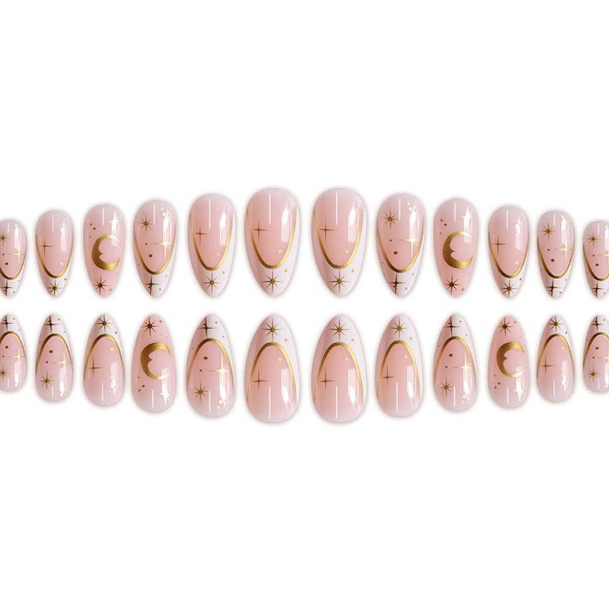 Almond Press On Nails Medium Fake Nails Star With Moon Design French Tip False Nails Full Cover Acrylic Artificial Nail Glossy Glue On Nail Nude Stick On Nails For Women Manicure 24pcs