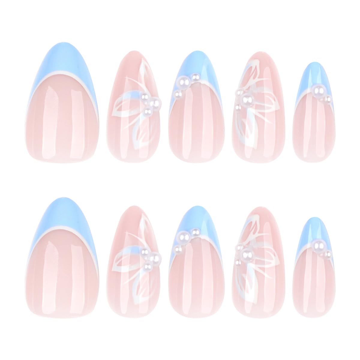 24Pcs Blue French Tip Press on Nails Almond Medium Fake Nails White Butterfly with Pearl Design Glue on Nails Glossy Nude Pink Acrylic Nails Summer Nails Press ons Reusable Stick on Nails for Women
