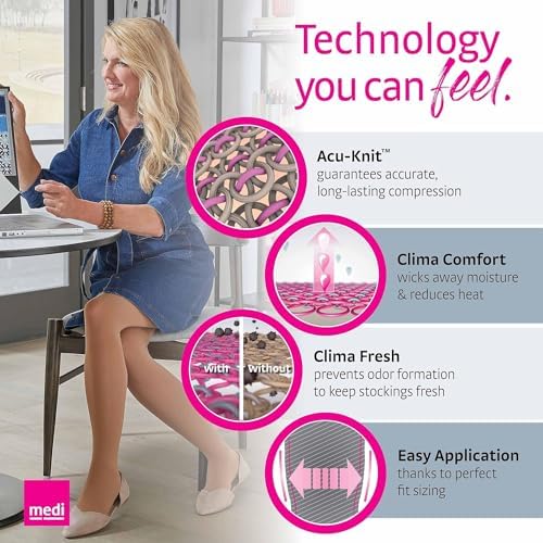 medi Assure 20-30 mmHg Thigh High Compression Stockings with Silicone Top Band – Open Toe Leg Circulation, Stockings for Women, Semi-Opaque Leg Support Compression Hosiery , Small-Petite, Beige