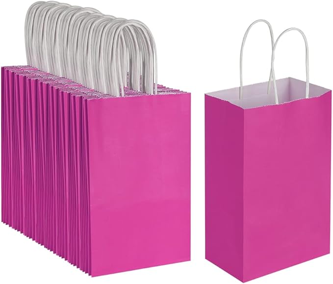 Oikss 100 Pack 5.25x3.25x8.25 Inch Small Hot Pink Kraft Paper Bags with Handles Bulk for Birthday Wedding Party Favors Grocery Retail Shopping Business Goody Craft Gift Bags Sacks (Fuchsia 100 Count)