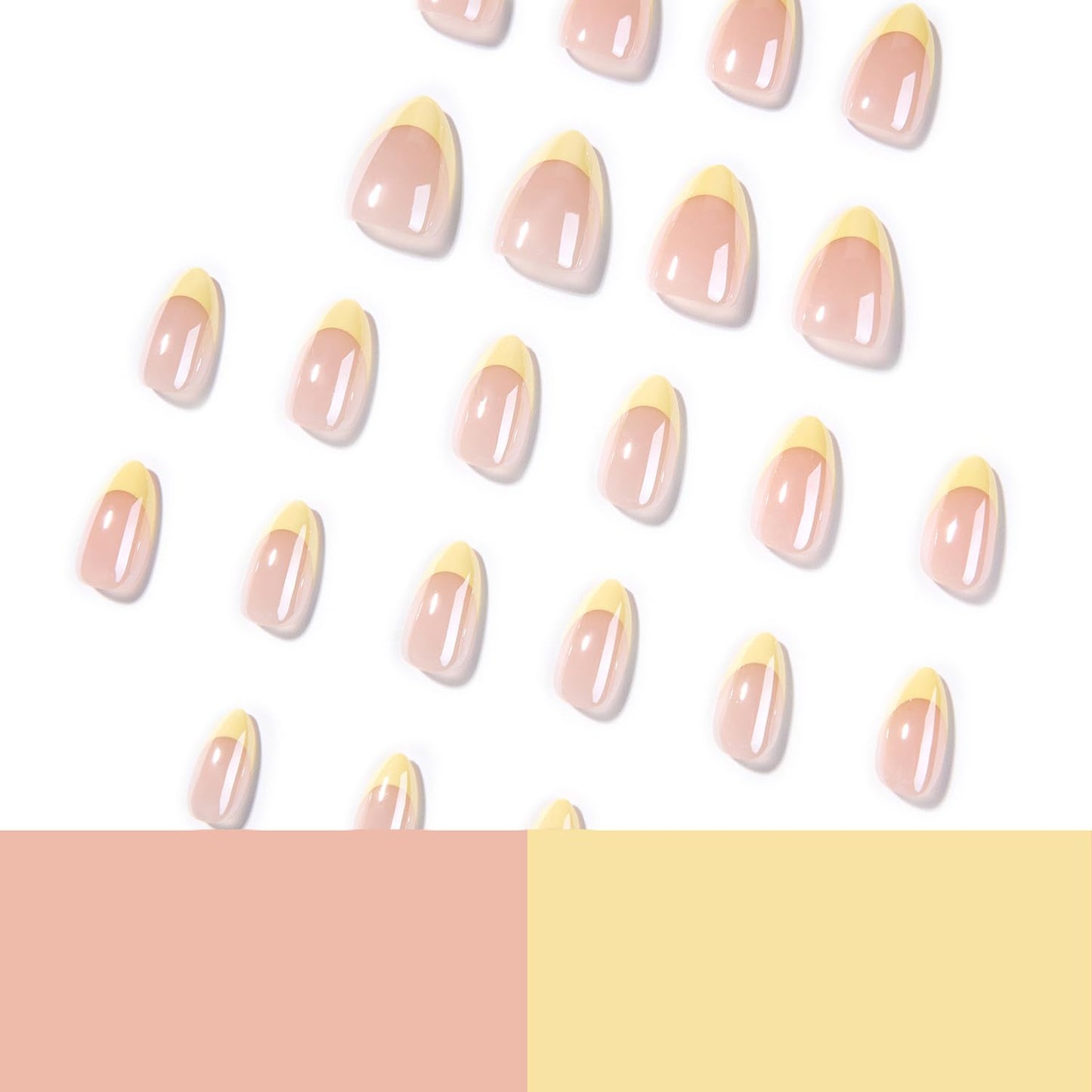Yellow French Press On Nails Short Almond Fake Nails Chrome French False Nails Reusable Acrylic Nail Press Ons Glossy Glue Stick On Nails Full Cover For Women Manicure 24Pcs