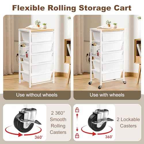Rolling Cart with Drawers, Rolling Storage Cart with 5 Large Plastic Drawers & Wooden Tabletop, Utility Cart with Pegboards & Basket, Storage Drawers Cart for Living Room, Classroom, Bedroom, Office