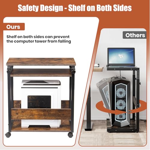 Height Adjustable Computer Tower Stand, Computer & Machine Carts, PC Tower Stand, Printer Stands with Wheels, 24" W x 12" D x 23"-38" H, Holds Up to 132 lbs (Fits Tower Lower Than 19")