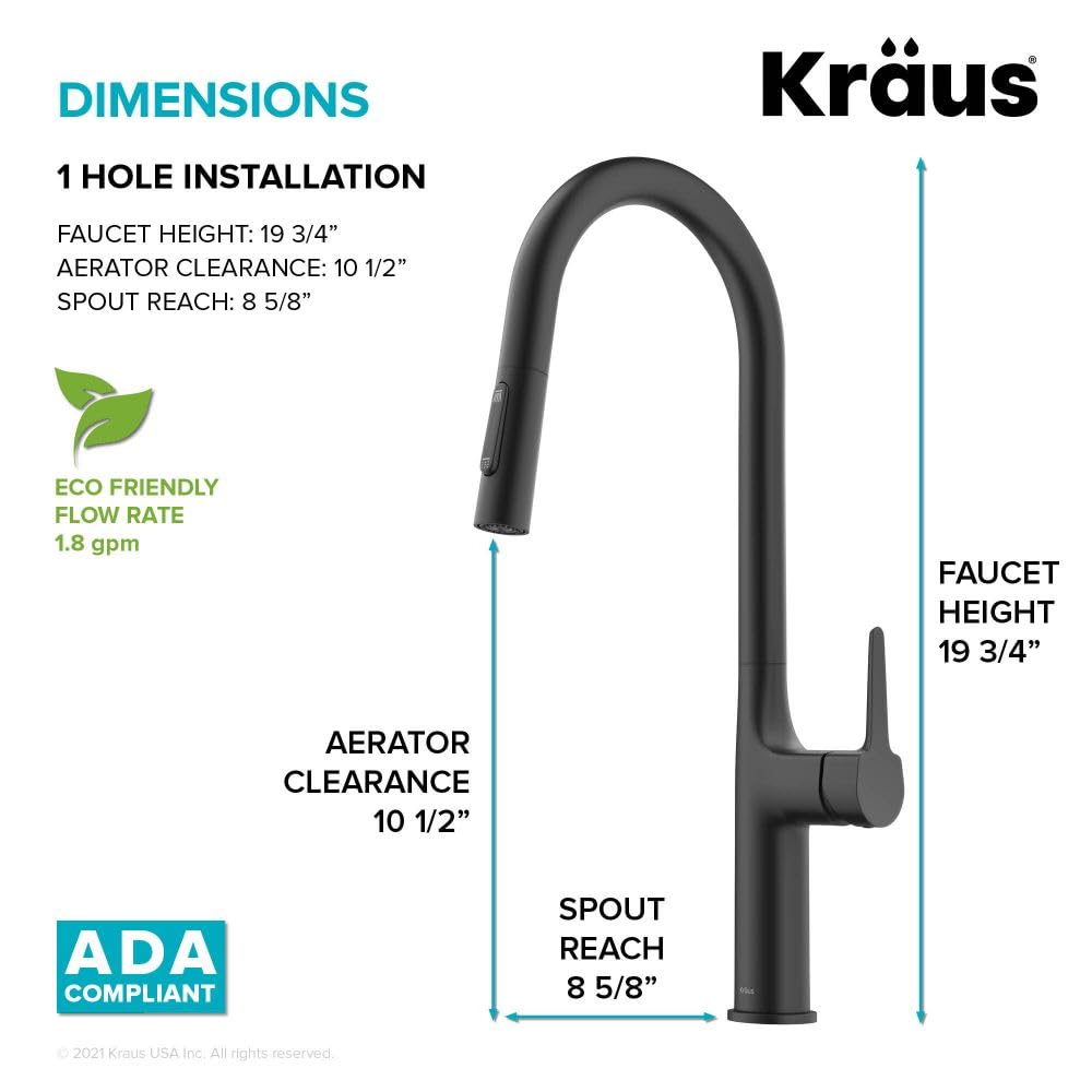 KRAUS Oletto Tall Modern Pull-Down Single Handle Kitchen Faucet in Matte Black, KPF-3101MB