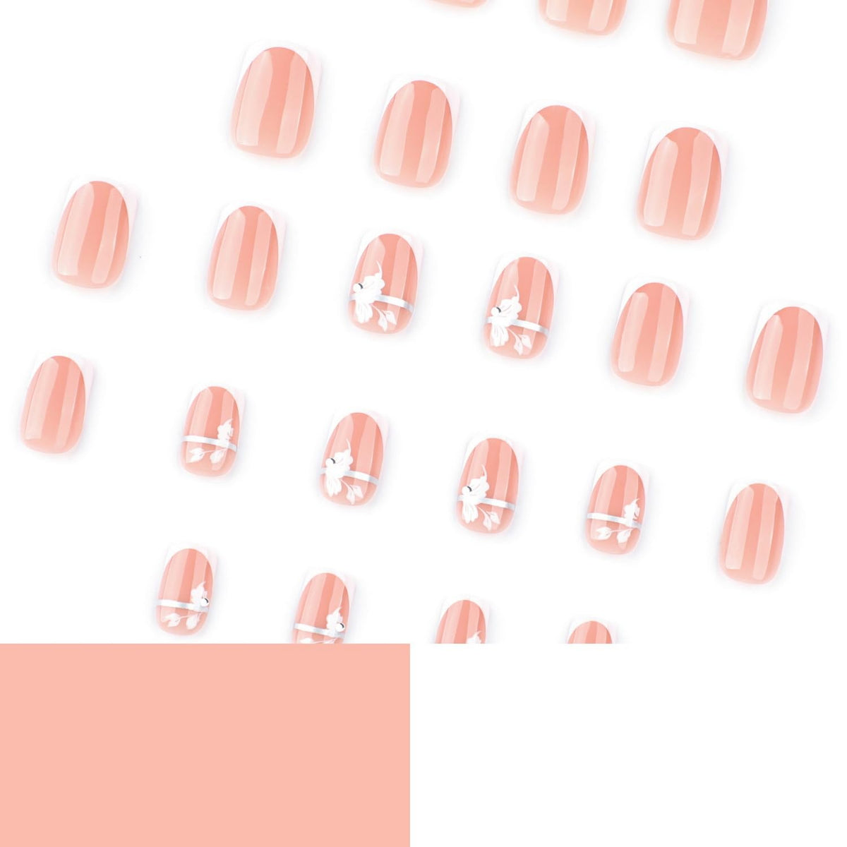 White French Tip Press on Nails Short Square MABKJLF Flower Fake Nails False Nails with Silver Lines Floral Designs Full Cover Glossy Glue on Nails Acrylic Nails for Women Girls 24Pcs