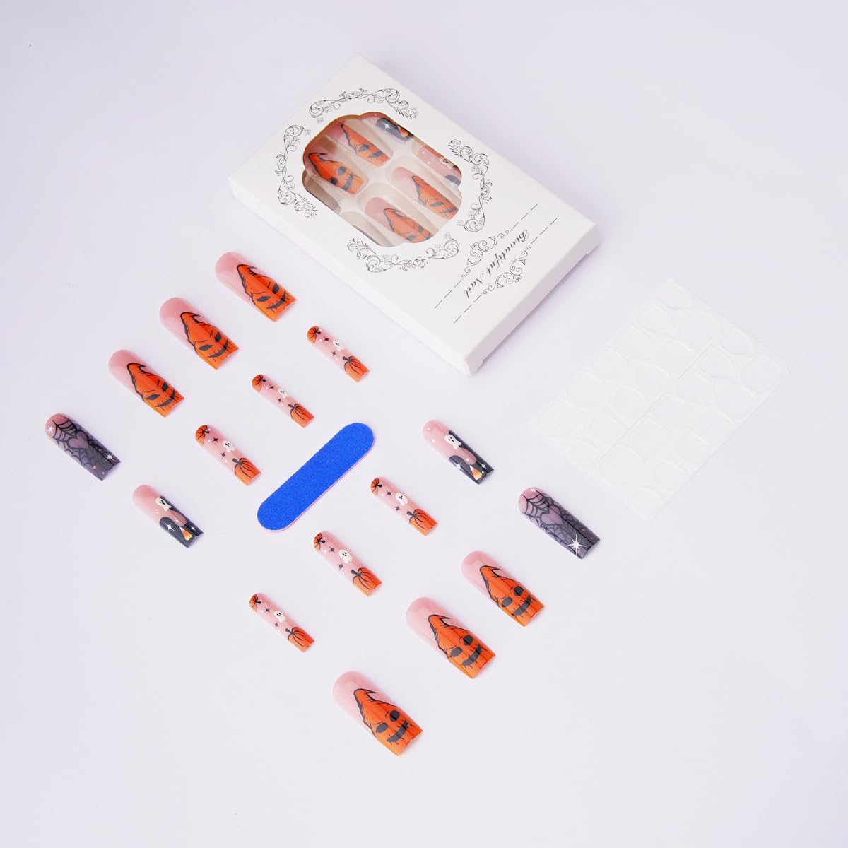 24Pcs Halloween Press on Nails Long Square French Tip Fake Nails with Ghost Spider Wed Design Goth Halloween Glue on Nails Orange Monster Pumpkin French Tip False Nails for Women Holiday DIY