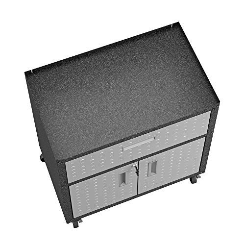 Manhattan Comfort Fortress Textured Metal 31.5" Garage Mobile Cabinet with 1 Full Extension Drawer and 2 Adjustable Shelves, Black/Gray