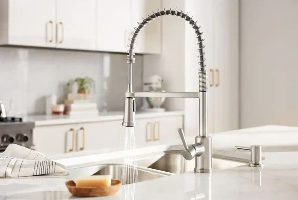 Moen 87194SRS Indi Single-Handle Pre-Rinse Spring Pulldown Sprayer Kitchen Faucet with Power Clean in Spot Resist Stainless (Soap Dispenser and Deck Plate Included)