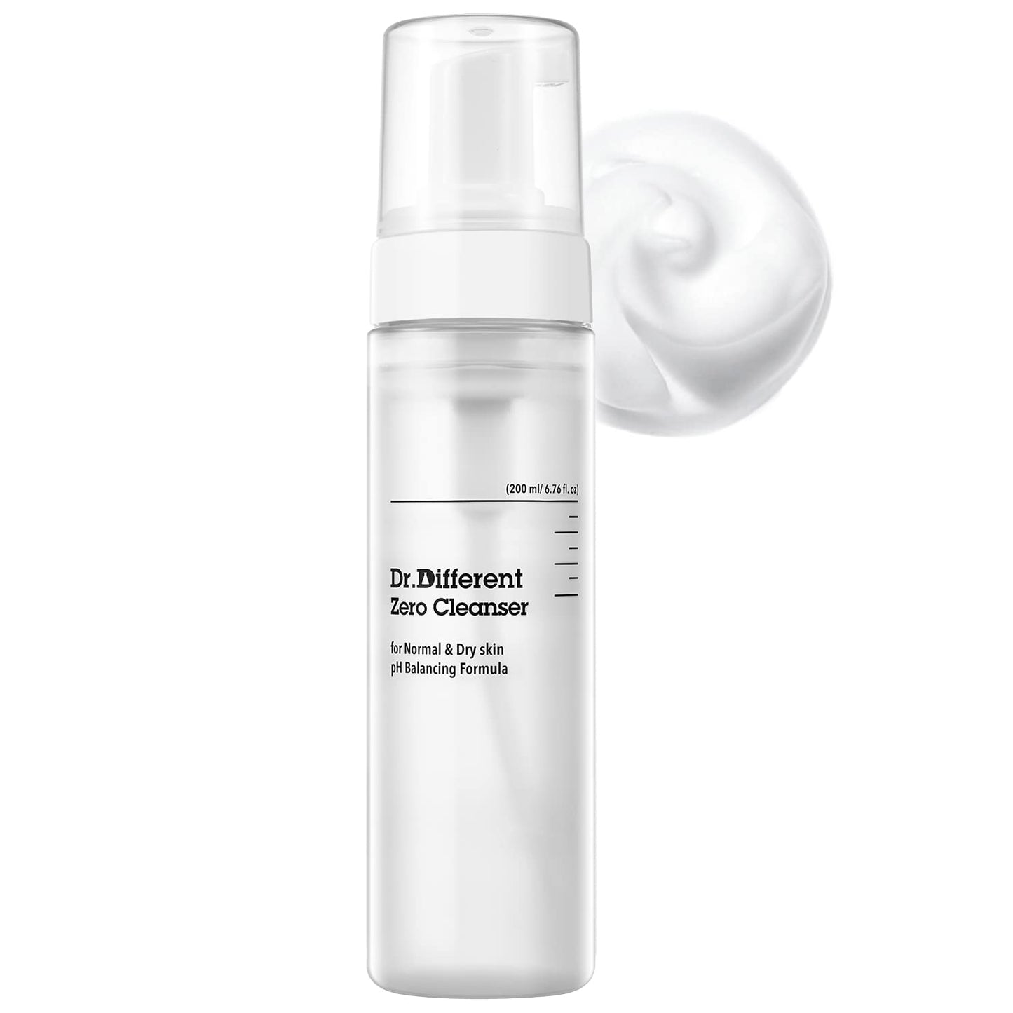 Dr.Different Zero Cleanser for Normal & Dry Skin - Hypoallergenic pH 5.5 Face Bubble Foaming Cleanser with Hyaluronic Acid and Ceramide, Moisturizing and Soothing, 6.76 fl.oz.