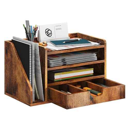 Wood Desk File Organizer with Side File Rack, Space-Efficient Design Easy to Assemble for Efficient Office Setup, Reduces Desk Clutter (Brown)