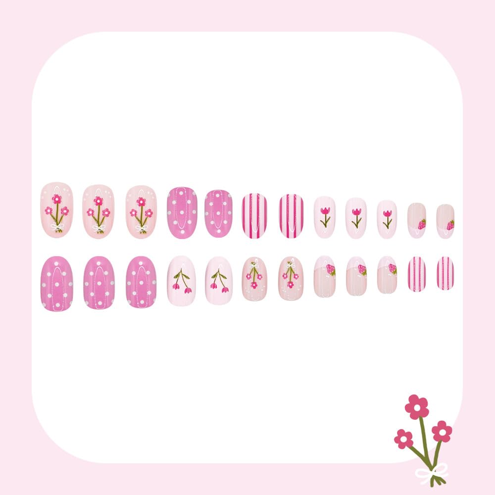 Flower Press on Nails Pink Almond Polka Dot Fake Nails with Strawberry & Stripe French Tip Nails Press ons, Medium Cute Summer False Nails Glossy Full Cover Stick on Nails for Women 24Pcs