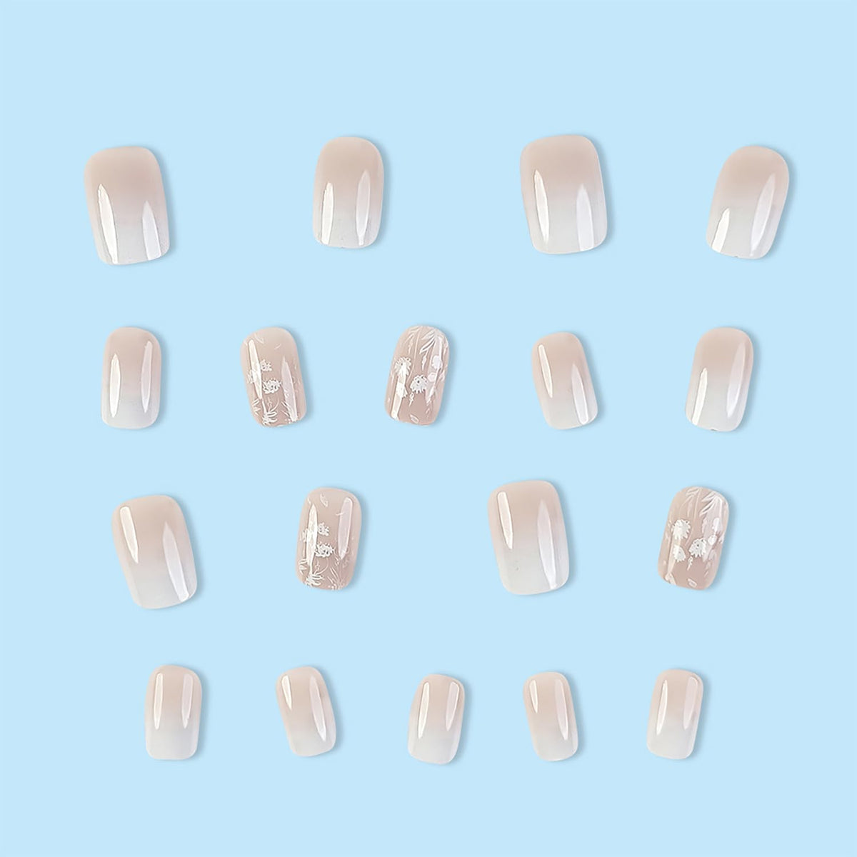 MABKJL French Fake Nails - White Gradient Square Full Cover White Floral Designs Glossy Glue on Acrylic Artificial Nails for Women Girls - 24Pcs