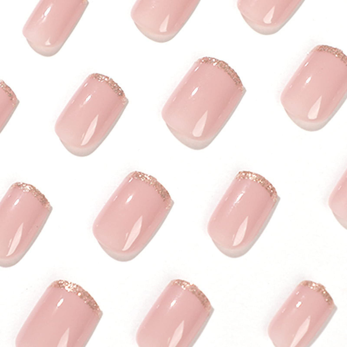 IMSOHOT Short Square Squoval Glossy Press on Nails, Nude Gold French Acrylic Nails for Women, 24PCS