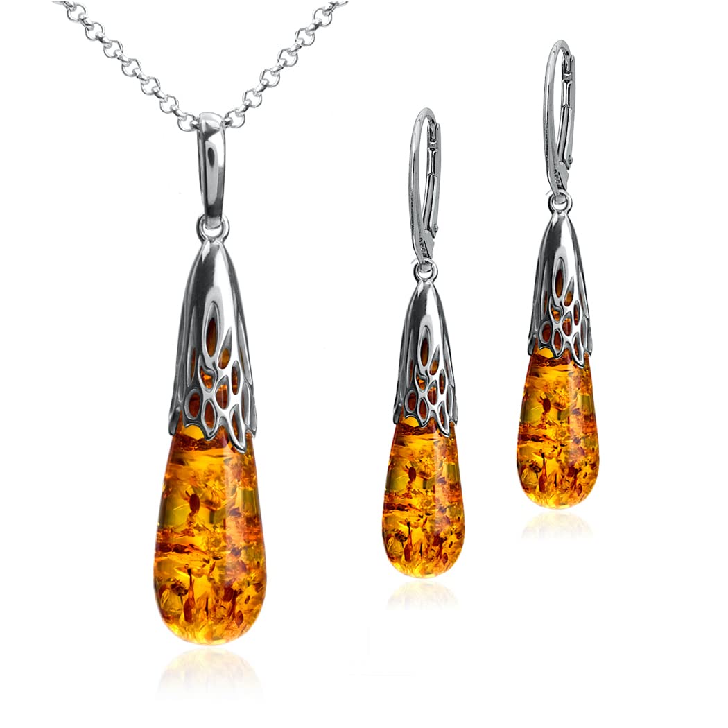 Ian and Valeri Co. Amber Sterling Silver Drop Earrings Pendant Necklace Set 18 Inches