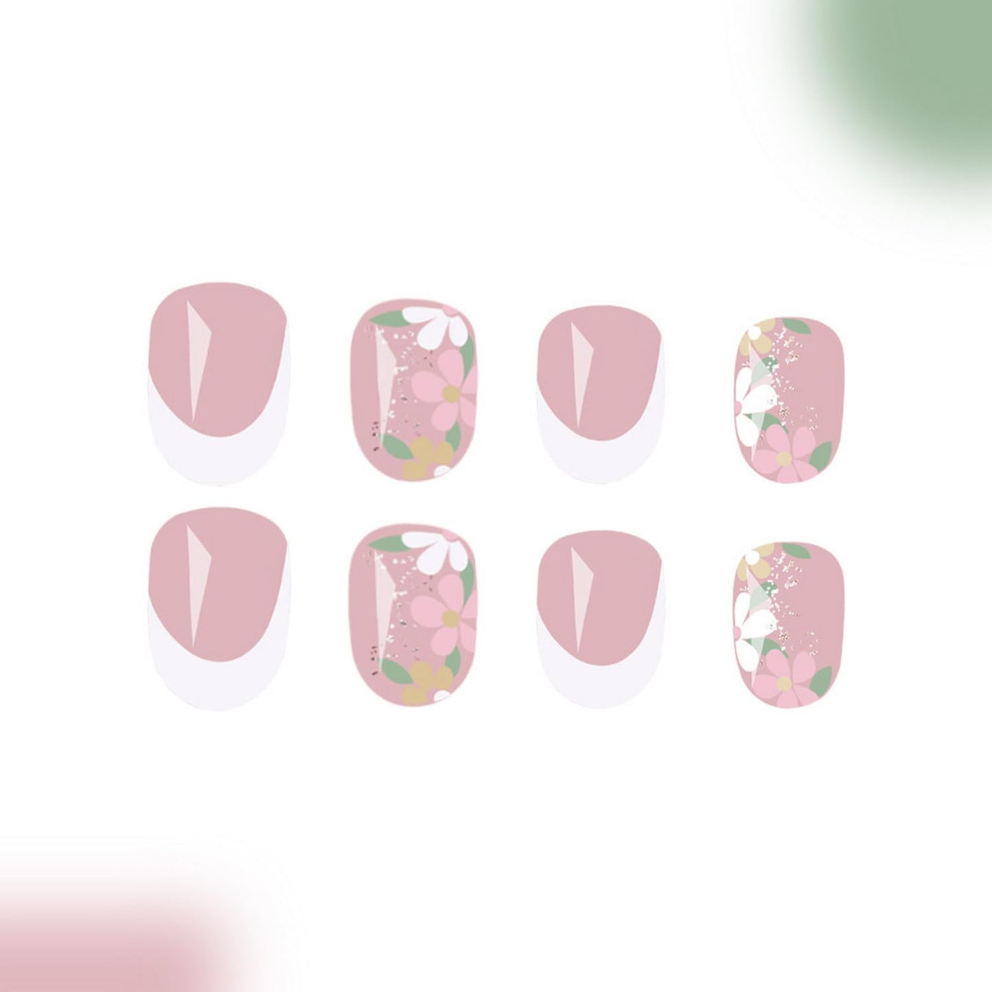 Summer Press on Nails Short Fake Nails Oval False Nails Full Cover White French Tip Press ones Stick on Nails with Flower designs Acrylic Nails Glitter Glue on Nails for Women Girls 24pcs
