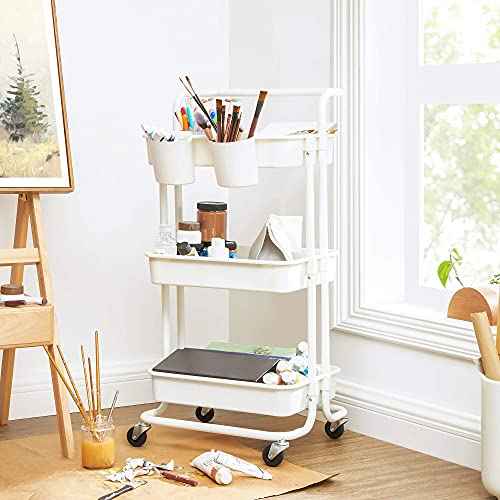 SONGMICS Rolling Cart, 3-Tier Storage Cart, Storage Trolley with Handle 2 Small Organizers, Steel Frame, Plastic Baskets, Utility Cart, Easy Assembly, for Bathroom Laundry Room, White UBSC067W01