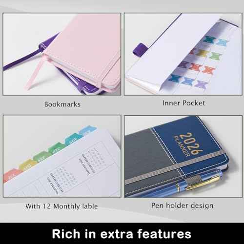 2026 Planner Pocket Size for Purse, Jan.2026 - Dec.2026 Small Daily Weekly Monthly Planner/Calendar with PU Leather, Elastic Band, A6 Mini Calendar Book for School/Office/Home, 3.8" x 7"