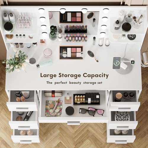 YESHOMY Vanity Desk with Mirror, Power Outlet and 10 Lights, Makeup Table with 7 Drawers, 3 Color Modes Available for Bedroom, White