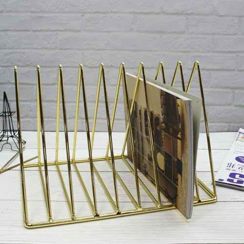 2 PCS Desktop Triangle Book Magazine Holder, Iron Metal Book Stand File Organizer Folder Holder for Office, 9 Slots Gold Classified Storage Rack, Record Display Rack for Home Decoration