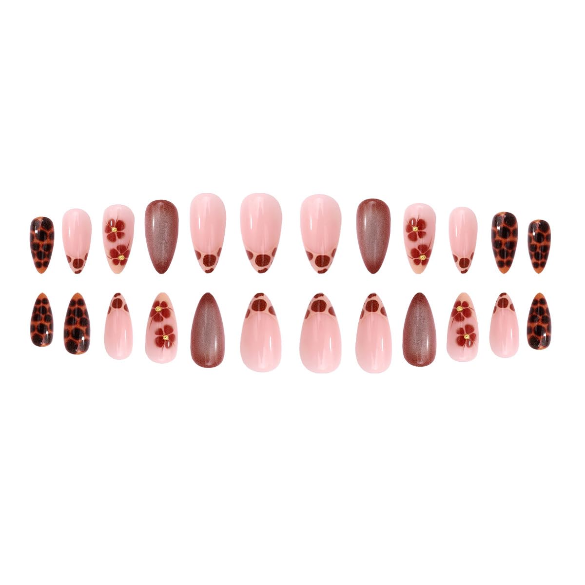 Leopard Print Press on Nails Medium Almond Fake Nails French Tips with Leopard Print Floral 3D Golden Pearl Design False Nails Brown Glossy Acrylic Stick on for Women Girls Manicure Decoration 24Pcs