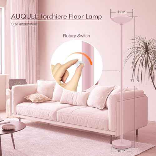 30W Pink Torchiere Floor Lamp, 3600LM Super Bright LED Pole Lamp, 71Inch Tall Stepless Dimmable Torch Lamp, 1Inch Thick Metal Tube, Rotary Switch, Modern Standing Lamp for Living Room/Bedroom/Office