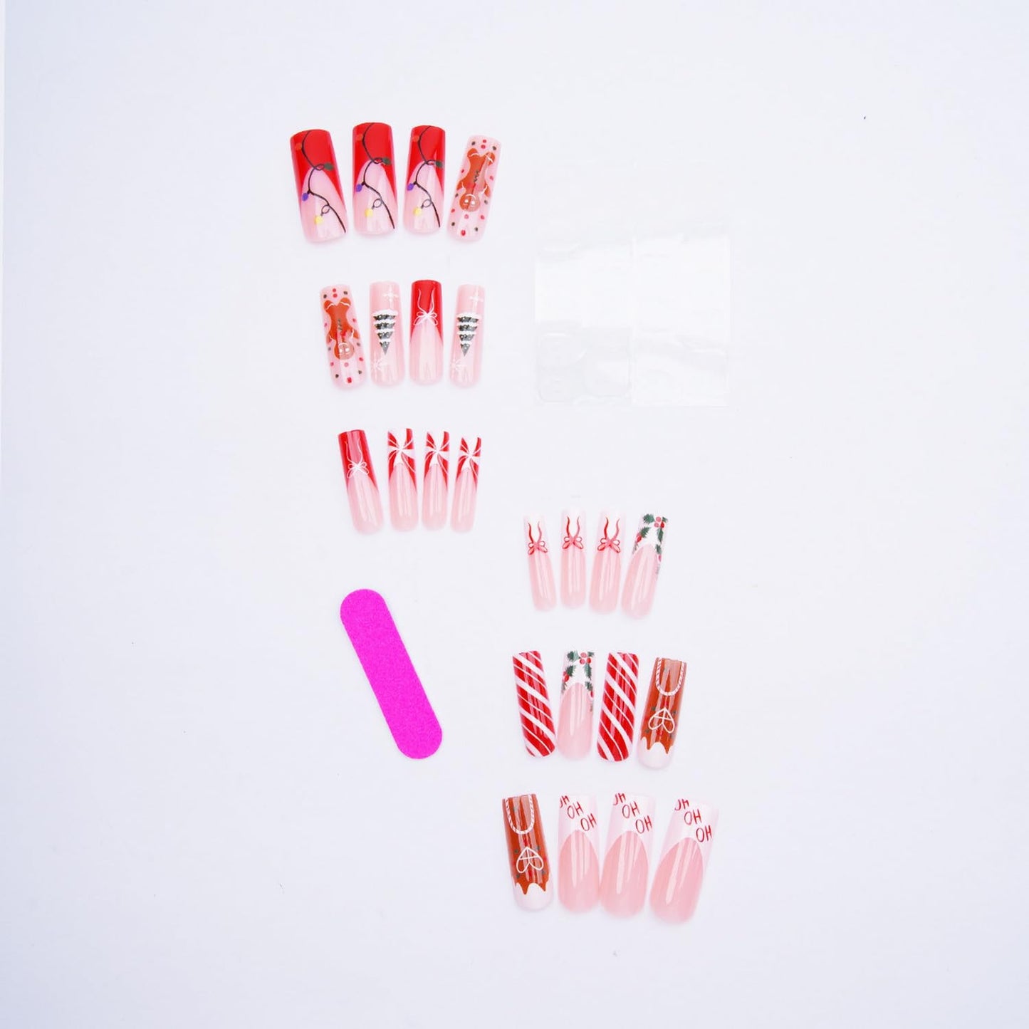 24PcsChristmas Press on Nail Long Square Red French Tip Fake Nails Holiday False Nails with Snowflake Christmas Tree Gingerbread Man Stripe Design Xmas Glue on Nails Full Cover Acrylic Nail for Women