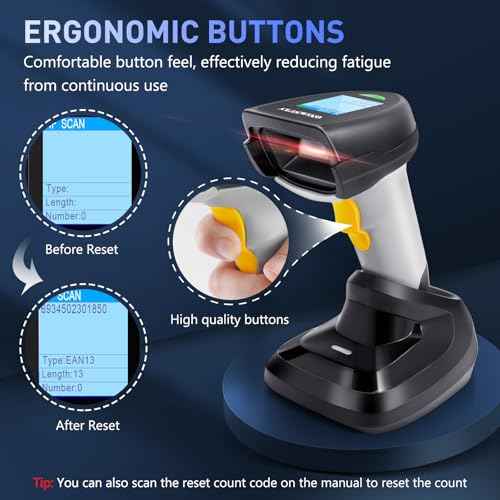 Barcode Scanner Wireless, ONEWSCAN 1D Barcode Reader with Smart Charging Base Stand 2.4G Wireless & USB Wired Connection Plug and Play Handheld Bar Code Scanners with Screen