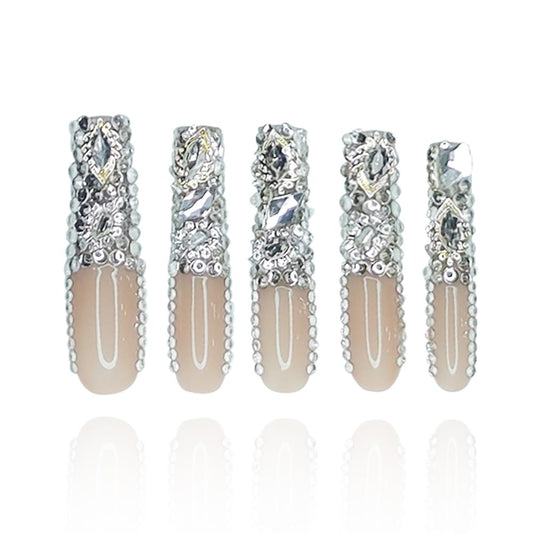 GGddsha 2025 New PMMA Acrylic Long Press on Nails with Semi-Applied Rhinestone Design Glossy Nails, Reusable Nail Set with Box Gift for Women (Rhinestone, M)