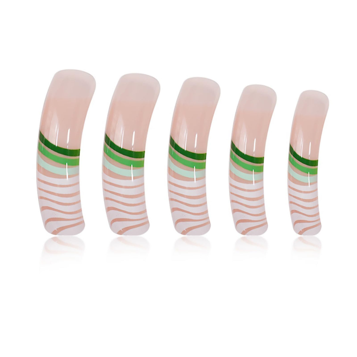 IMSOHOT Long Curved Press on Nails, Green Wavy Square Fake Tips with Glue, 20Pcs Full Cover French Swirl Design, Trendy Geometric Art Acrylic Glue-ons