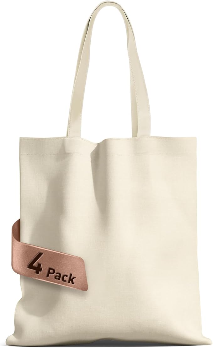 4 Pack Premium Canvas Reusable Tote Gift Bags, Made of Natural Canvas with Handle, Work, DIY, Shopping
