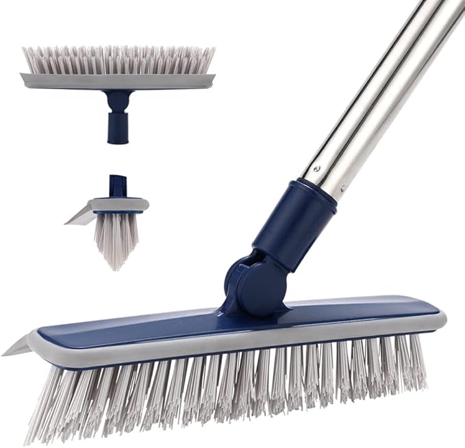 2 in 1 Floor Scrub Brush Grout Brush with 57.8" Long Handle,120Â°Rotatable Shower Tile Grout Scrubber,V-Shaped Corner Brush for Hard to Reach Areas (Grey)