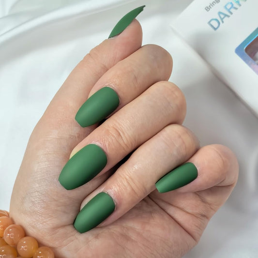 DARKMXTR Matte Green Press-On Nails, Long Almond Fake Nails with Adhesive Tabs & Glue for Women (24 Pcs)