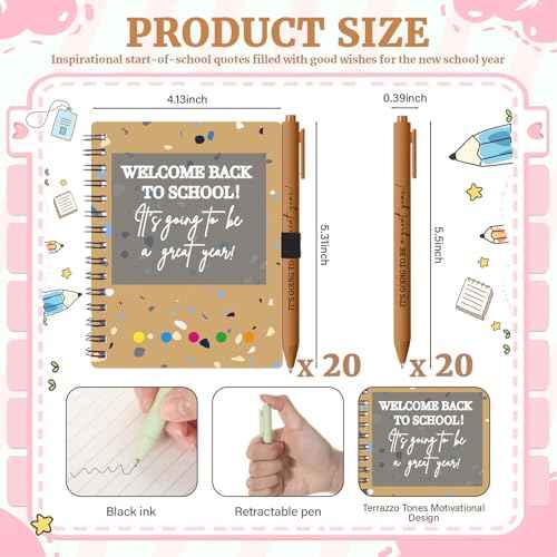 40 Pcs Welcome Back to School Gifts Bulk Spiral Notebooks with Sticky Notes Motivational Pens First Day of School Notepads Party Favor for Teacher Student Classroom(Terrazzo Tones,Multicolor)