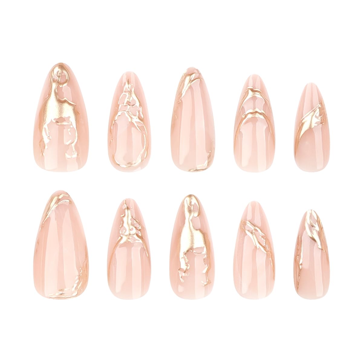 Gold Press on Nails Almond Fake Nails with Design Medium False Nails Press ons,Reusable Acrylic Nail Full Cover Glossy Glue on Nail Stick on Nails for Women Girls Manicure 24 Pcs