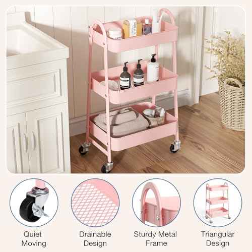 OLIXIS 3 Tier Utility Rolling Cart with Lockable Caster Wheels, Metal Mobile Storage Shelf, Organization for Livingroom, Bathroom, Kitchen, & Narrow Places, Clear Pink