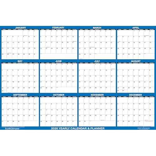 24" x 36" SwiftGlimpse 2026 Paper Folded Wall Calendar Large 12 Month Annual Yearly Wall Planner, Reversible, Horizontal/Vertical, Navy