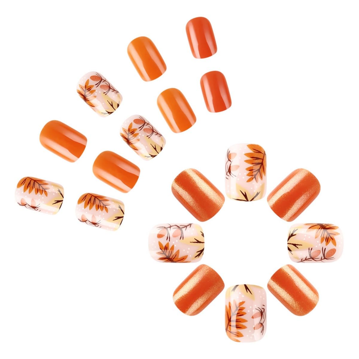 Thanksgiving Press on Nails Short Square Fake Nails Maple Leaves False Nails Holographic Full Cover Acrylic Nails with Glitter Design Stick on Nail Orange Glue On Nail for Women Girl Manicure 24Pcs