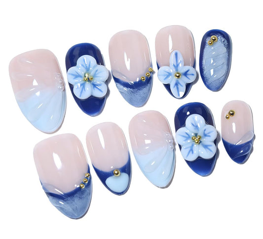 10Pcs Short Almond Handmade Press On Nails | Nude & Blue Ombre 3D Floral Wave Texture Gold Bead Decor | Easy to Apply Remove Reusable Salon-Quality Nail Art for Women&Girls (251210, XS)